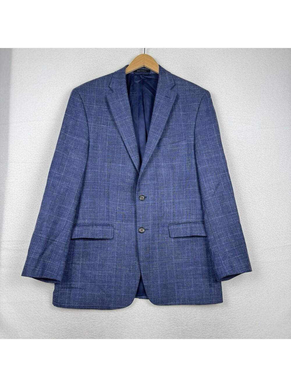 Lauren Ralph Lauren 42L Navy Blue Windowpane Plaid Linen Blend Suit Coat Blazer